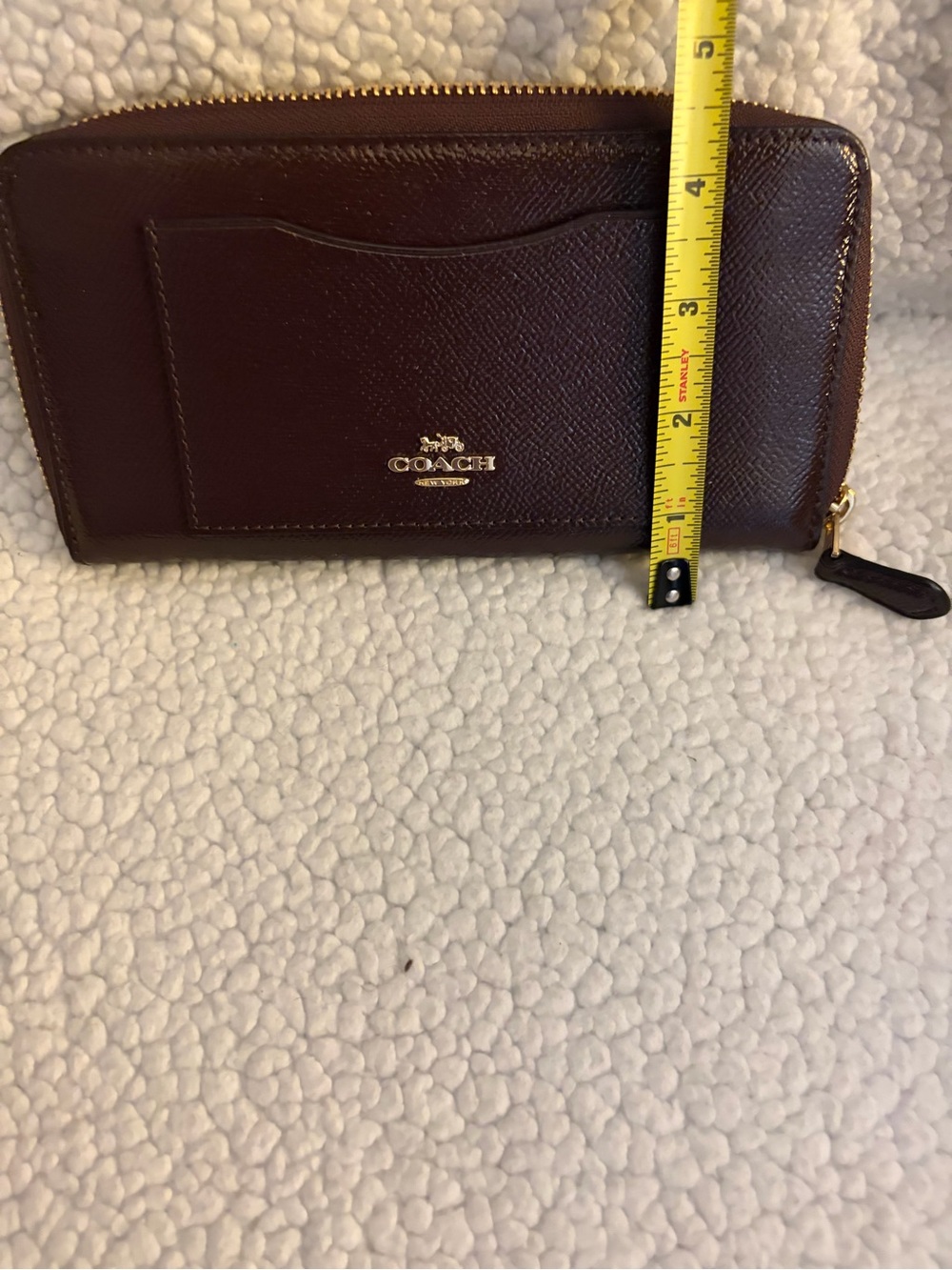 Coach Burgundy Pebbled Leather Zip Wallet with Gold Hardware